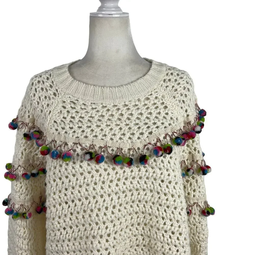 Zara Knit Chunky Pom Pom Oversized Jumper Sweater Size Small Cream
